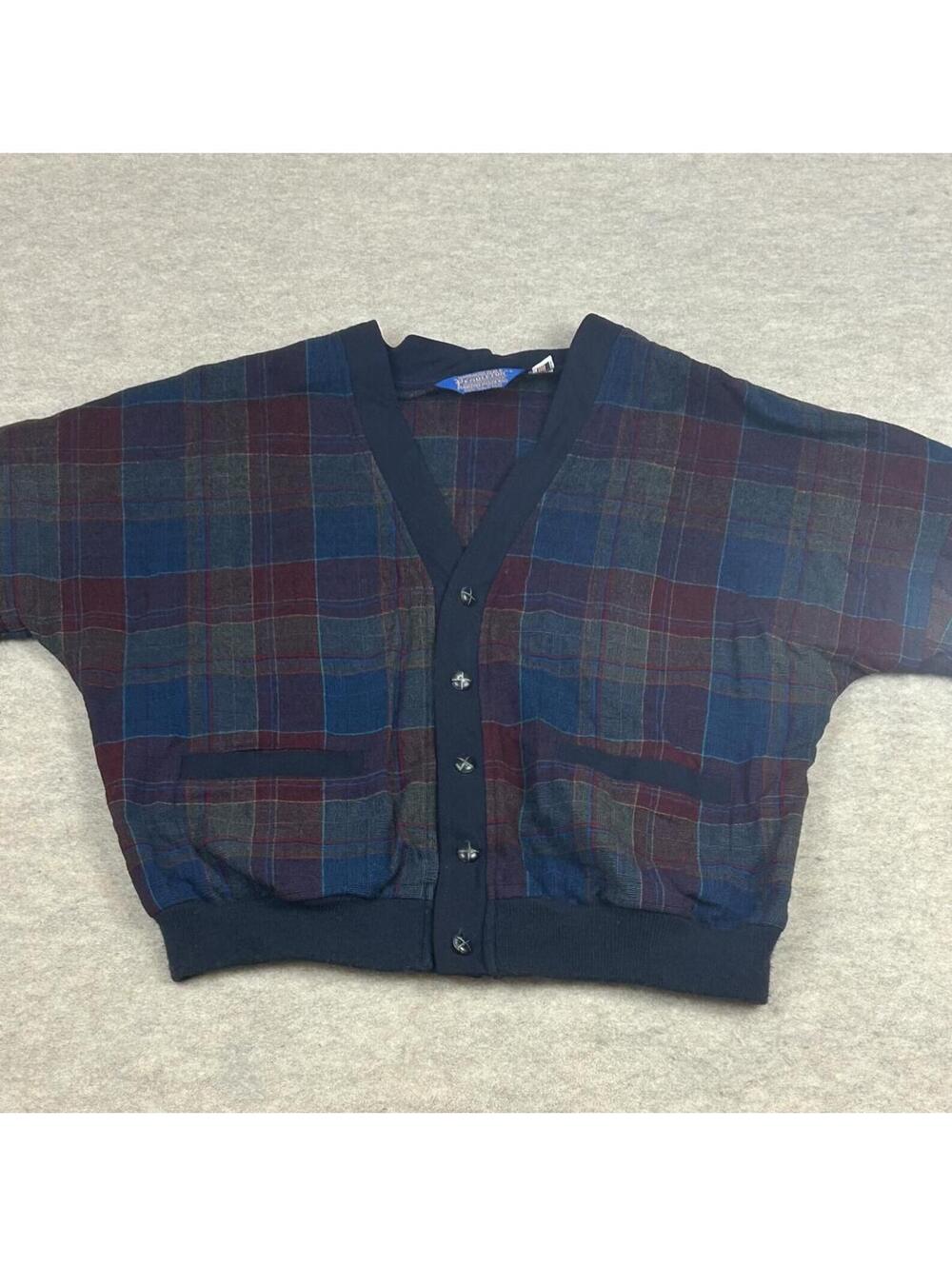 Pendleton Vintage Wool Plaid Cardigan Sweater Jacket Navy Blue Multi Size L